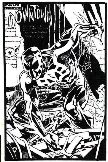 Black and white copy of the Spider-Man 2099 art sent to the computer artist